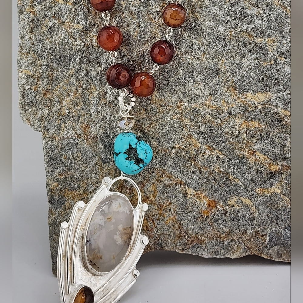 TURQUOISE, CARNELIAN, & DENDRITIC AGATE NECKLACE HANDMADE IN STERLING SILVER - Picture 8 of 9